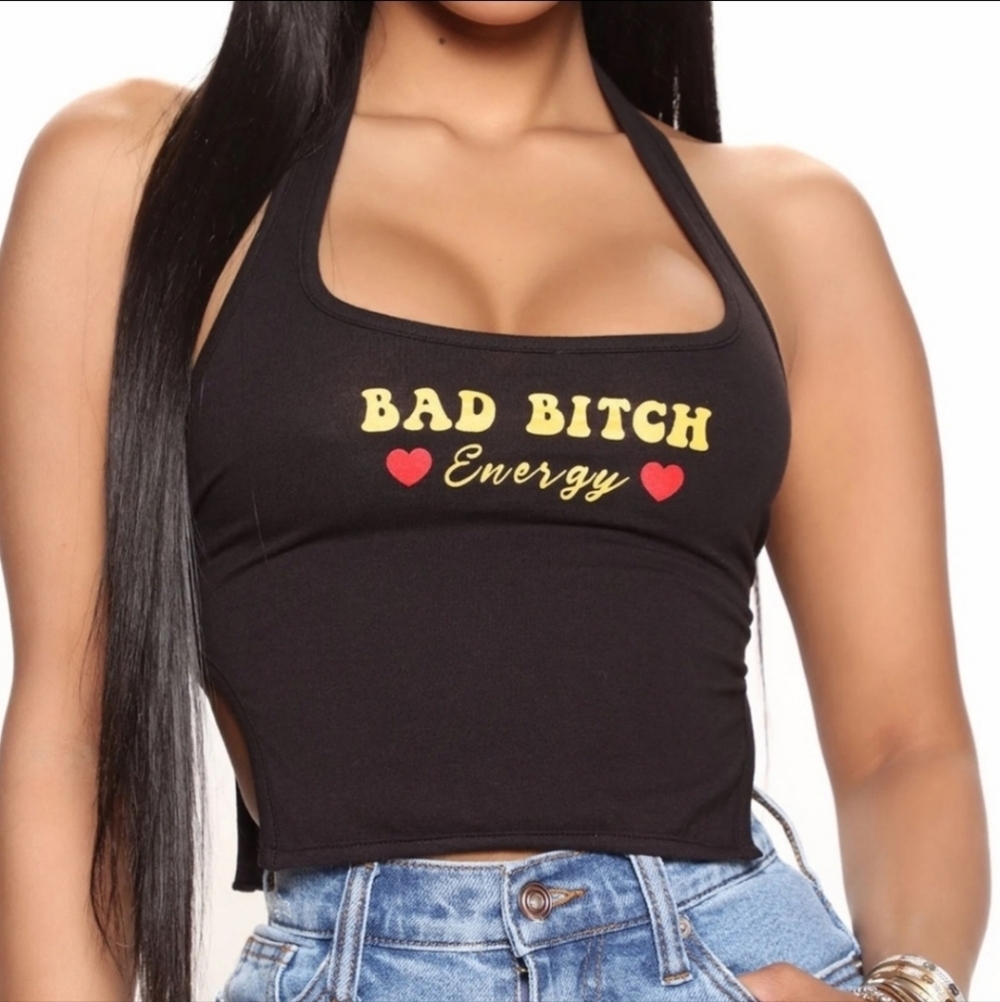 Fashion Nova Bad Bitch Energy Halter Crop Top Black Red Slogan Graphic Sz XS NWT